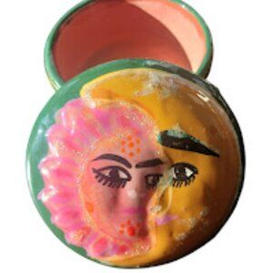 Glows Sun Moon Terracotta Stash Trinket Jewelry Box Mexico Folk Art